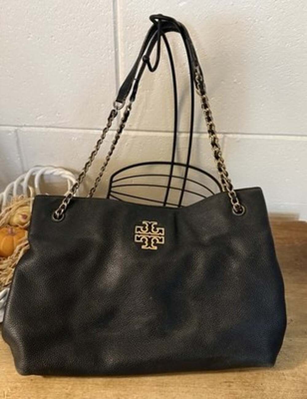 Tory Burch Britten Black Pebbled Leather Chain Tote Shoulder Bag Gold Hardware